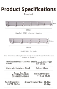 Detailed size specifications for 5 and 7 hook stainless steel wall mounted racks