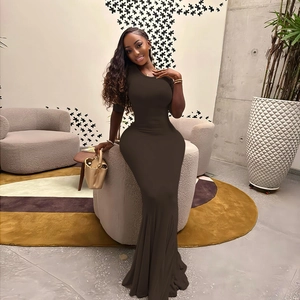 Elegant deep brown long sleeve slim fit maxi dress for women in soft knit fabric