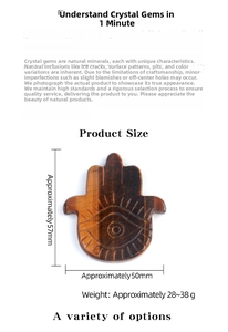 Size chart for tiger eye crystal Hamsa hand carving showing dimensions and weight