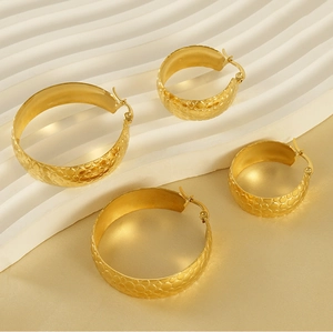 Detailed view of four textured 18K gold-plated hoop earrings with unique bubble embossing