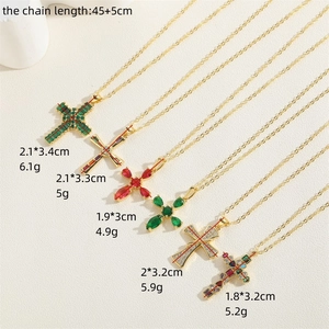 Retro colorful zircon cross pendant necklace set with 45cm chain for women