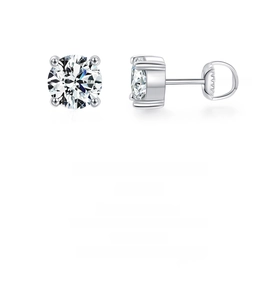 Macro shot of 1ct moissanite stud earring with classic four-prong setting and screw back