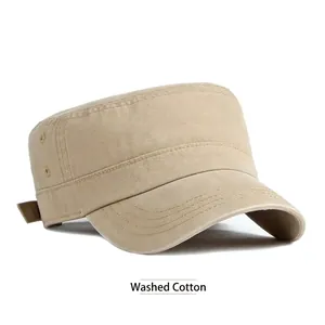 Men's khaki washed cotton flat top cap with breathable metal eyelets and classic visor