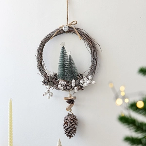 Christmas Wreath Hanging Ornament With Natural Vine Pinecones Artificial Mini Trees Snow Covered Berries Wood Nordic Style Winter Holiday Wall Door Decoration