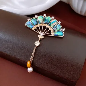 Vintage gold plated fan brooch with abalone shell, pearls and Fu character pendant