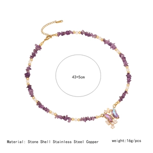 Detail showing 43+5cm length with purple stones, shell beads and butterfly pendant