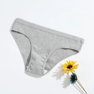 Gray ribbed cotton panties for women with comfortable low waist and breathable fabric texture
