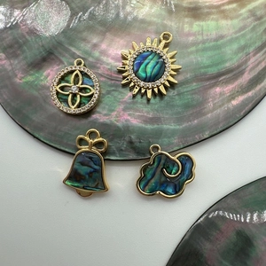 Detailed view of 18K gold plated charms with iridescent abalone shell and zircon accents