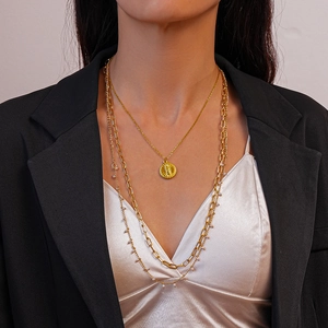 Multi-layer Necklace Stainless Steel Alloy Imitation Artificial Pearl 18K Gold Plated Sun Coin Pendant Retro Fashion For Women