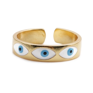 Anello regolabile malocchio con finitura dorata e dettagli in smalto blu moda