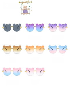 Detail view of 8 different colors for kids bear ear sunglasses with metallic frames