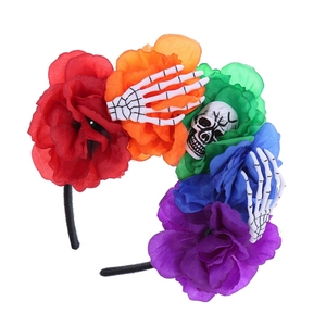 Halloween headband with colorful roses, white skull and skeletal hands for festive parties