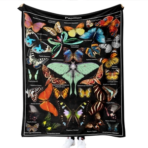 Detail of 3D printed flannel blanket featuring vintage butterfly and moth illustrations