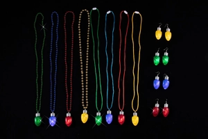Set of colorful light bulb shaped Christmas necklaces and earrings in multiple festive colors