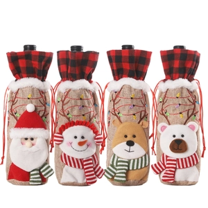 Christmas burlap wine bottle covers with embroidery, set of 4 festive holiday characters