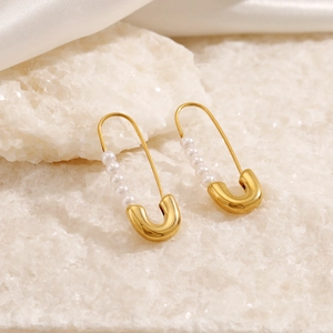 Safety Pin Earrings Gold Plated Stainless Steel Faux Artificial Pearl Minimalist Retro Jewelry For Women Fashion Accessory