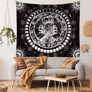 Mystic black and white skeleton tapestry with zodiac signs and moon phases for wall decor