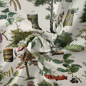 Detail of vintage botanical textile showing detailed tree illustrations and fabric texture