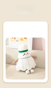 Detail of creative shuttlecock plush toy on a soft sofa with feather skirt texture