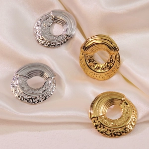 Round Stud Earrings 304 Stainless Steel Dual Texture Hammered And Grooved Geometric Minimalist Chic Jewelry For Women