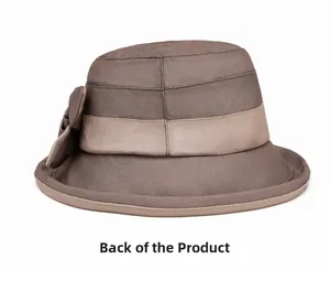 Vue arrière du chapeau de soleil avec nœud élégant et texture de bord roulé chic