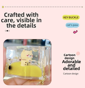 Close-up of liquid quicksand bear keychain featuring a floating bubble tea cat design