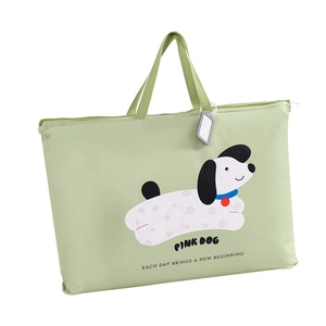 Green large capacity quilt storage bag with cute cartoon dog and nametag for moving