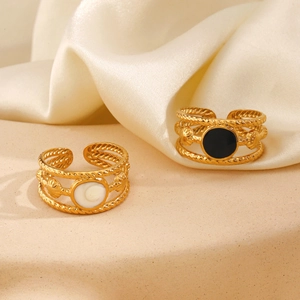 18K gold plated stainless steel twisted open rings with black and white circular inlay