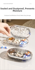 Close-up of a portable pill box with water-ripple lid and multi-compartment storage