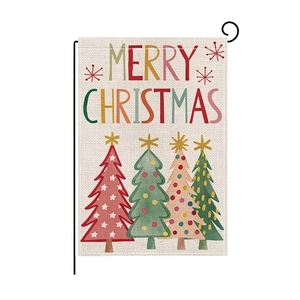Festive Merry Christmas garden flag with four colorful trees and rustic linen texture