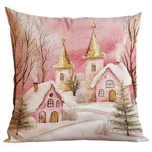 Pink and gold winter watercolor Christmas pillow case with snowy cabin and trees