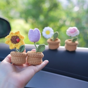 Handmade crochet mini potted plants with sunflower and tulip for car dashboard decor