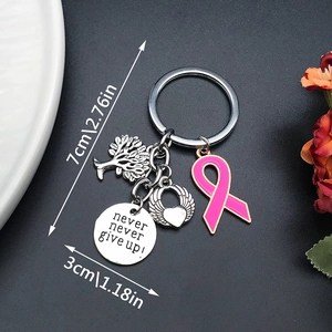 Antique Silver Tree Of Life Winged Heart Never Give Up Inspirational Keychain Alloy Pink Ribbon Breast Cancer Awareness Key Ring