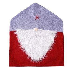 Christmas Santa gnome chair cover with gray pointed hat and white faux fur beard decor