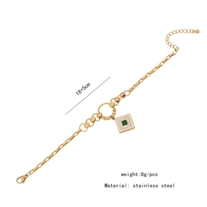 Detail showing 18+5cm golden stainless steel box chain with green gem square pendant
