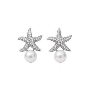 Starfish pearl earrings with zircons in silver finish on a clean white background