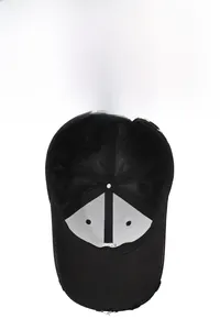 Detail of black baseball cap interior featuring breathable vents and metal adjustment buckle