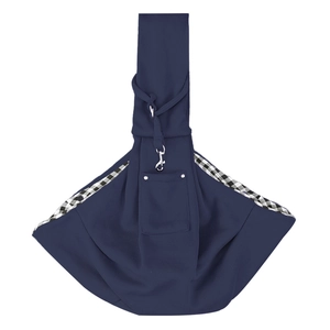 Bolso bandolera para mascotas azul marino con forro de cuadros blanco y negro, bolsillo y cierre.
