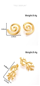 Detailed size chart for gold spiral and coral leaf earrings in stainless steel
