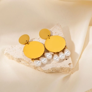 Golden irregular disc earrings with white teardrop pearl on stone and champagne silk