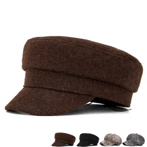 Chapeau à Sommet Plat en Mélange de Laine pour Femmes Casquette de Marin Style Militaire Automne Hiver Chaud Couleur Unie Élégan