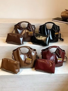 Classic vintage oil wax leather tote handbag for women in four elegant colors with pouch