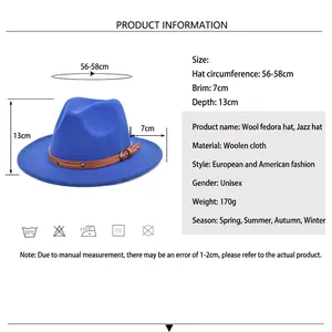 Royal blue wool fedora jazz hat with brown leather band and size measurements