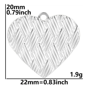 Silver heart pendant with woven texture detail and technical dimension measurements