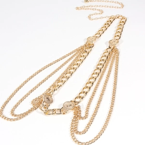 Golden punk multi-layered body chain with lion head embossed charms for dresses