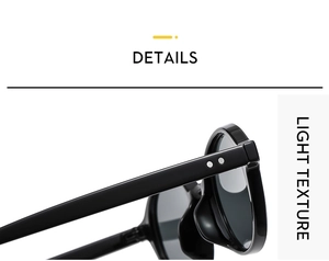 Vue detaillee de la monture de lunettes de soleil ovale noire retro, branches et rivets.
