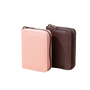 Litchi pattern leather accordion card holder with metal zipper in pink and brown