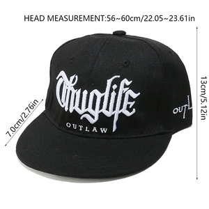 Detail view of black snapback hat with white Thuglife embroidery and size dimensions