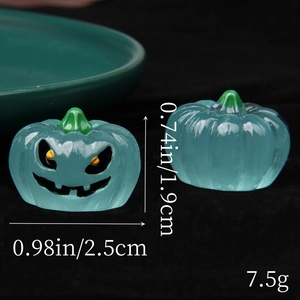 Detailed size chart showing two mini glowing Halloween pumpkin resin ornaments in blue