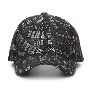Black street style baseball cap with silver reflective all-over letter print and curved brim